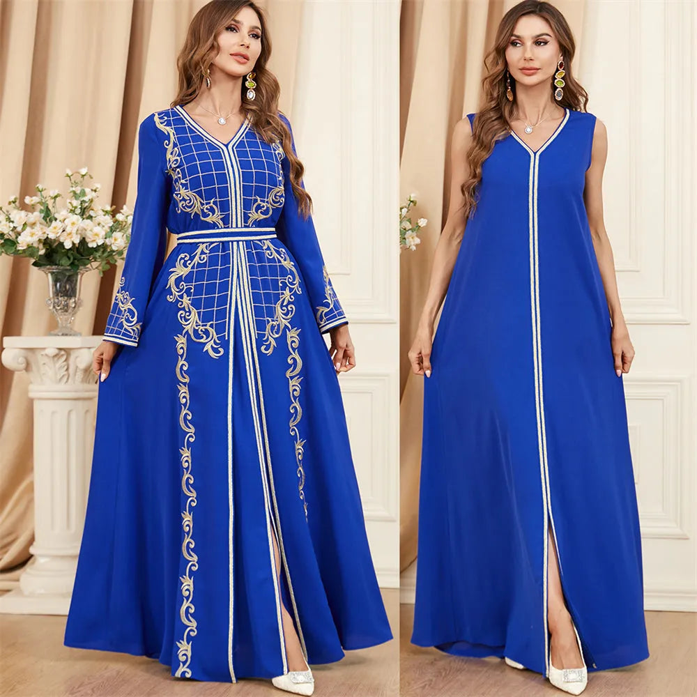 African Jilbabs For Woman 2 Piece Abaya Set Arabic Chic Solid Floral Embroidery Belted Robe Moroccan Muslim Clothing