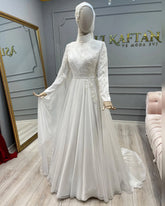 Elegant Muslim Long Sleeve Bridal Dress A-Line Chiffon Lace France Wedding Gown New High Neck Appliques Vestidos De Novia