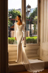 Luxury Sweetheart Mermaid Wedding Dress Slit Long Sleeves Button Bridal Gowns Simple Satin Floor-Length Vestidos De Noiva W10343
