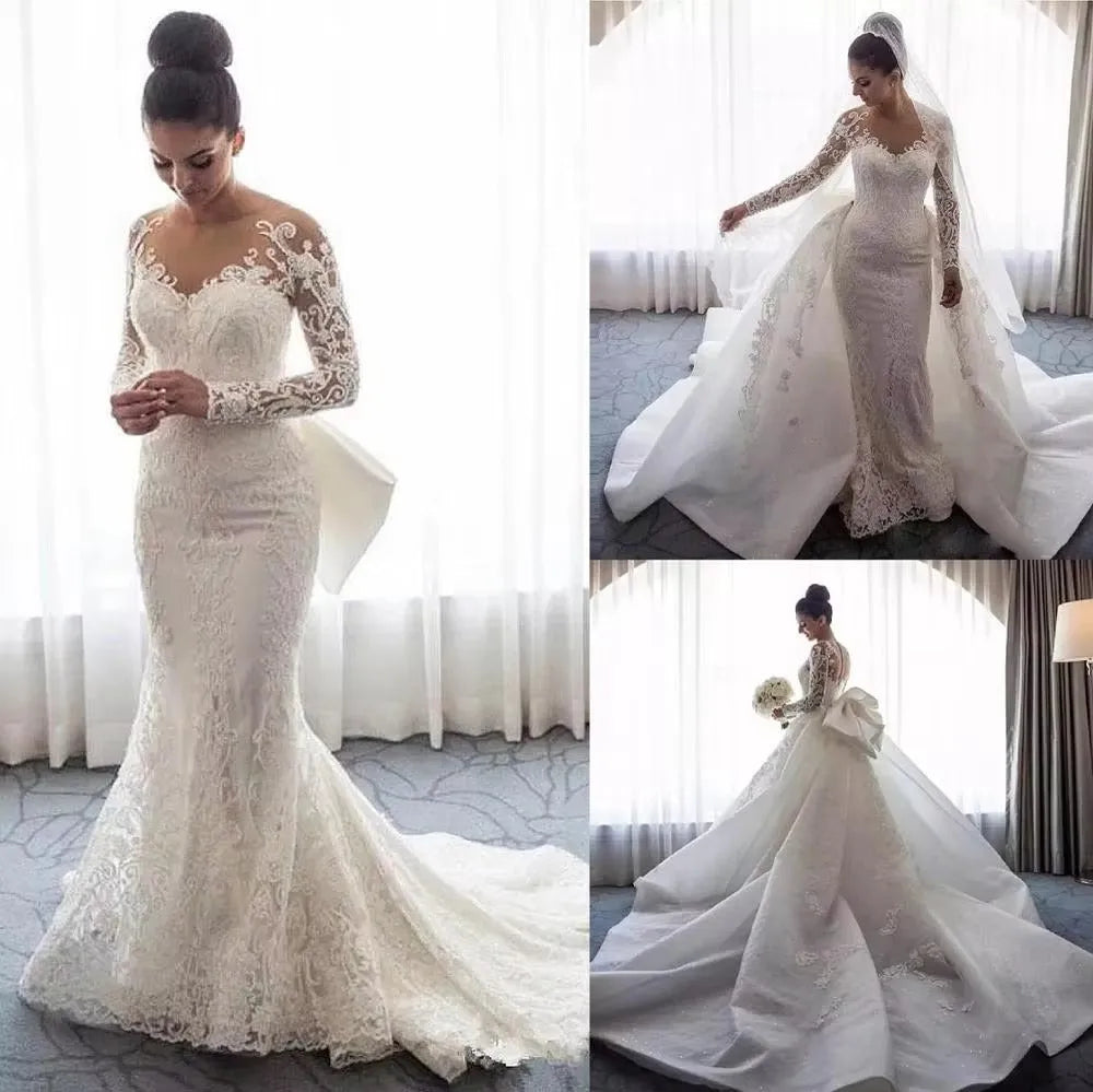 Luxury Women's Lace Wedding Dresses Detachable 2-Piece Set Gorgeous Decal Mermaid Long Sleeve Princess Formal Beach Bride Gowns