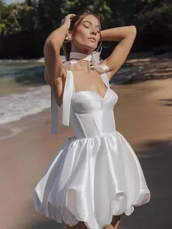 Ivory A-Line Calf Length Turtleneck Long Sleeves Wedding Dress Modern Princess White Vestido De Novia Mermaid Satin Bow Satin Court Train Sleeves Bridal Gowns