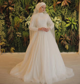 Ivory Muslim Hijab Bridal Dress with Veil Lace Appliques Wedding Gown For Bride Full Sleeves Vestido De Noiva Casamento