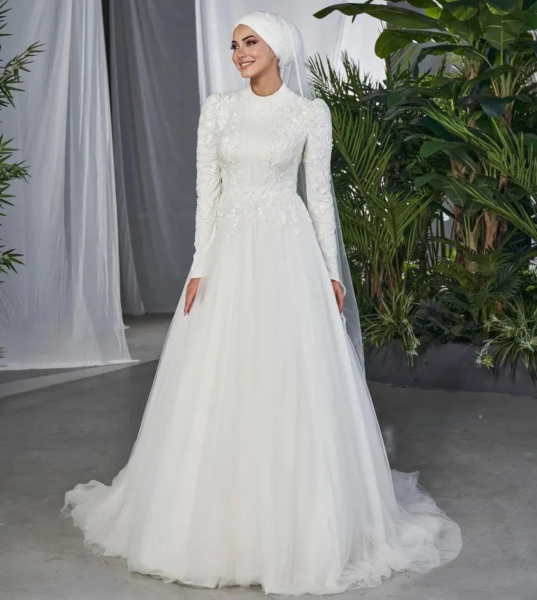 Vestidos De Novia A-Line Tulle Lace Muslim Bridal Dress for Bride Long Sleeve Hijab Islamic Wedding Gown Arabic Dubai