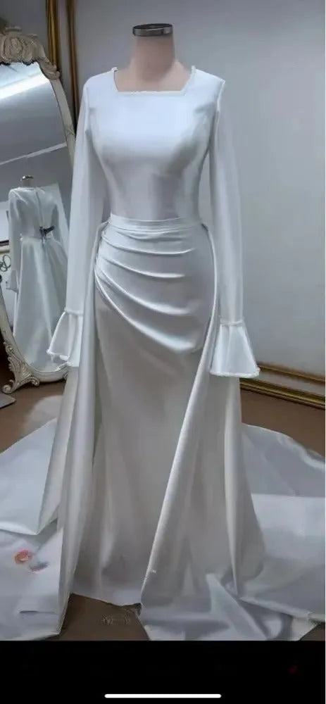 Soft Satin Simple Muslim Bridal Dress for Woman Bride Trumpet Court Train Satin Long Sleeves Ivory Wedding Gowns