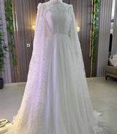 Exquisite Muslim Wedding Dress with Beading Cape A-Line Long Sleeve Bridal Gowns High Neck Chiffon Bride Robe De Mariée