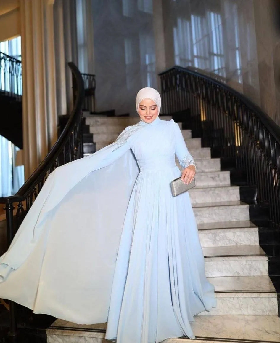 Elegant Muslim Hijab Evening Gown Sky Blue A-Line Chiffon with Beading Dubai Arabic Wedding Party Dress فساتين السهرة