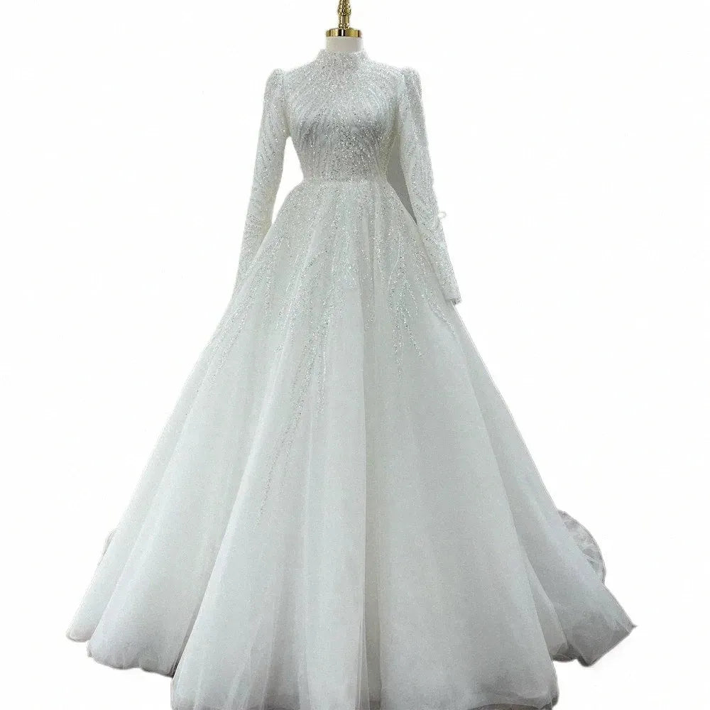 Dubai Luxury Bridal Dresses Lace Beaded A-Line Arabic Wedding Gowns For Women Bride Full Sleeves Vestido De Casamento