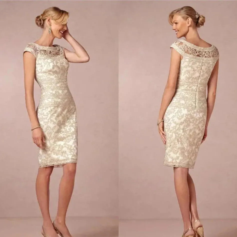 New Exquisite Mother of the Bride Dresses Lace Mother Gowns Knee Length Cap Sleeves Sheath Jewel Neck Wedding Party Gowns