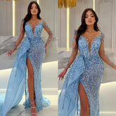 Luxury Blue Sequins Mermaid Celebrity Dresses High Split Long Sleeves Crystal V-Neck Evening Gown Custom Made Formal Dress