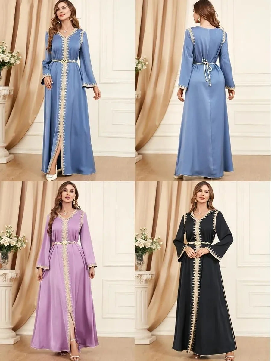 Muslim Abaya Dubai Turkey Dress For Women Moroccan Fashion Tape Trim Full Sleeve V-Neck Galabiyat Robe Belted Clothing