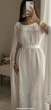 Ivory Dubai Kaftan Straight Evening Dresses Long Cape Sequin Scoop Sash Chiffon Prom Formal Dress Ankle Length Outfit