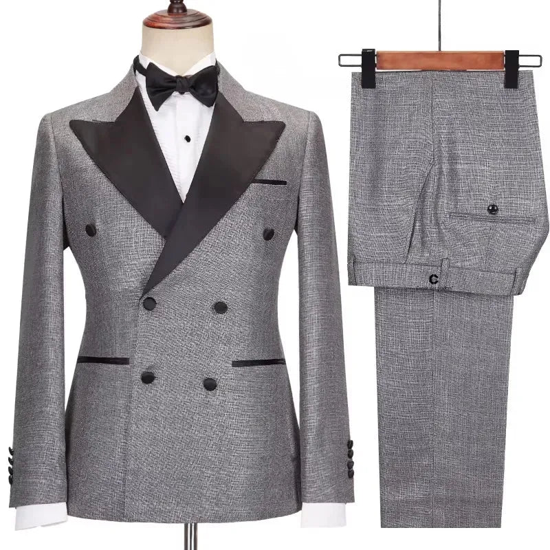 Cenne Des Graoom 2024 New Elegant Grey Tuxedo Suits for Men Double Breasted Black Satin Collar Jacket Pants 2 Pcs Set Wedding