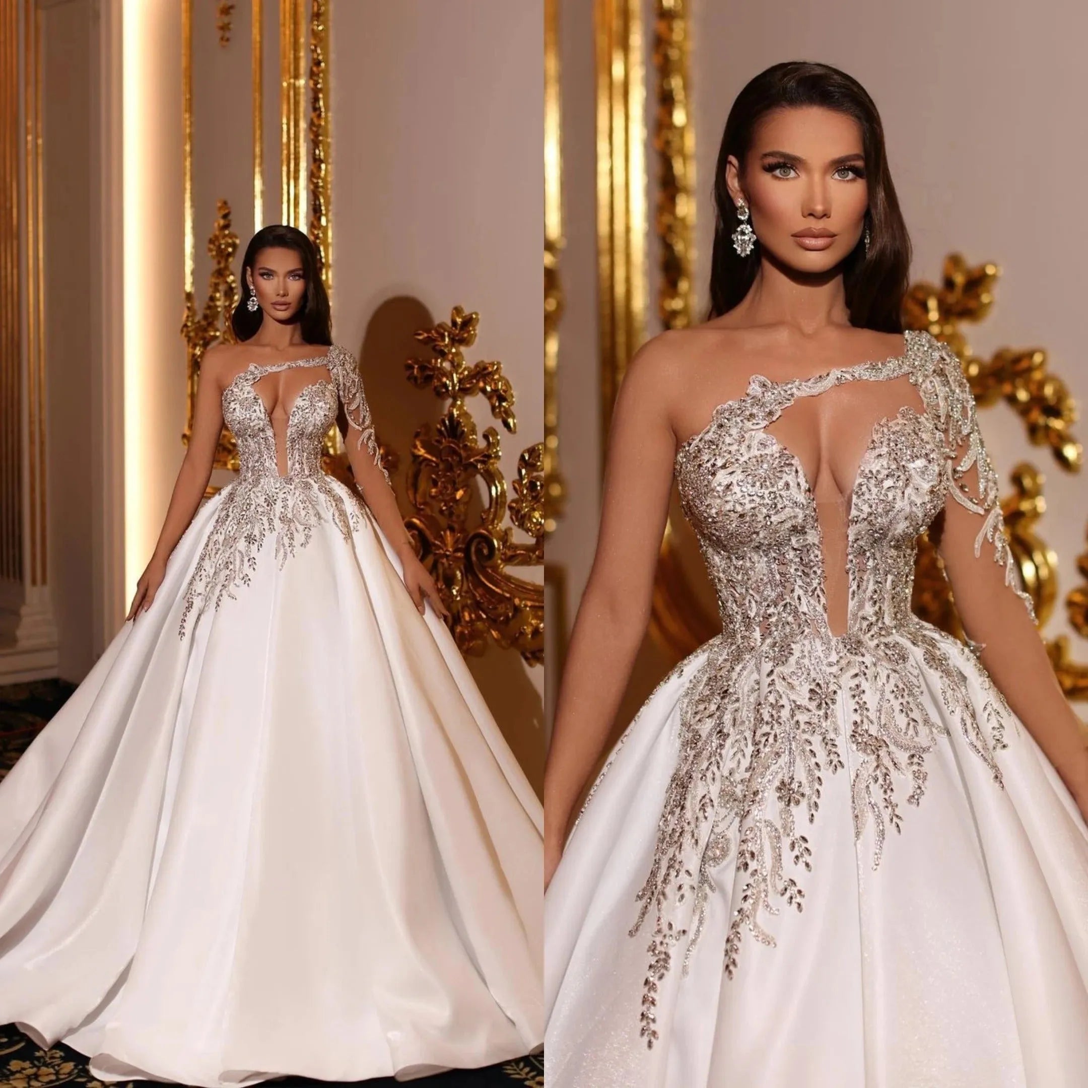 Exquisite Applique Wedding Dresses A Line Deep V Neck Ball Gowns Ruched Tulle Illusion Long Sleeve Formal Beach Party Vestidos