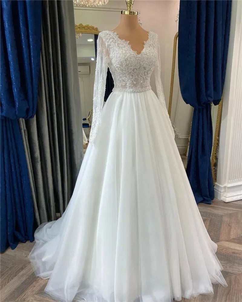 Elegant A-Line Boho Wedding Gown For Bride Robe De Mariée Princess Lace Tulle Long Sleeve Wedding Bridal Dress