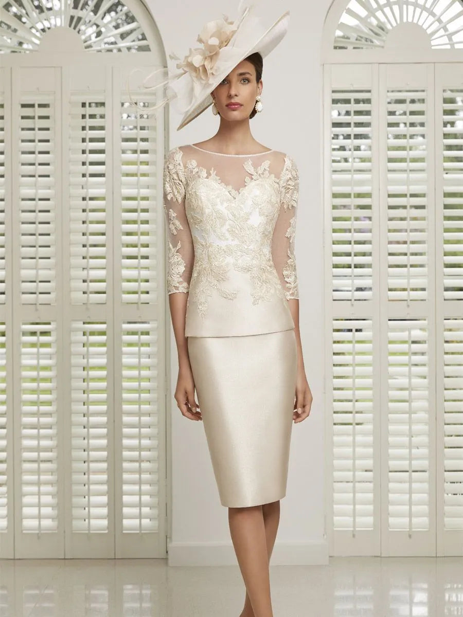 Satin Mother of the Bride Dresses O-Neck Illusion Sexy Wedding Guest Gown 3/7 Sleeves Elegant Dress Women For Wedding Party