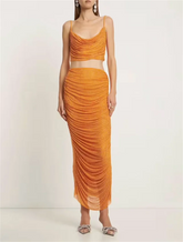High Street Summer New Arrival Orange Sexy Spaghetti Straps Short Top +High Waist Pencil Skirt 2 Piece Set Vintage