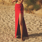 2024 summer new women's clothing red three-dimensional flower high slit bandage long skirt half skirt elegant fashion party wear