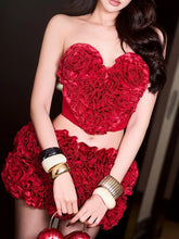 Women Summer Sexy Strapless Zipper Red Flower Mini Two Pieces Skirt Bandage Set 2025 Celebrity Designer Fashion Women's Set