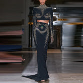 High Street Women's New Star Fashion Heavy Industry Embroidered sequin Short Top Fish Tail Half Skirt Set Two Piece Set