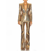 High quality star fashion gold sequin suit jacket+pants set two-piece set