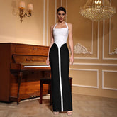 High quality women summer white pachwork sexy halter spaghetti straps slim long bandage dress fashion backless party dress