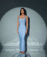 High quality summer women's new blue sexy suspender with hot stamping and sparkling long bandage dress elegant fashion party