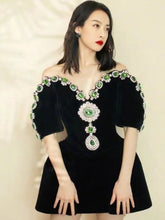 Summer Elegant black sexy strapless shoulder diamond shiny embellishments, fluffy mini party dress elegant fashion dress