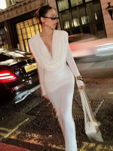 Women Celebrity Sexy Long Sleeve Deep V Neck Ruched White Maxi Long Gowns Dress 2025 Elegant Evening Party Club Vestido