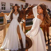 Civil Chiffon Wedding Dresses Long Puff Sleeves Boho Bridal Gowns Side Split Sweep Train Elegant Simple A-Line Robe De Mariage