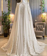 Islamic Long Sleeve Muslim Wedding Gown with Cape High Neck Bridal Dress Robe Chiffon Lace Arabic Dubai Vestidos De Novia