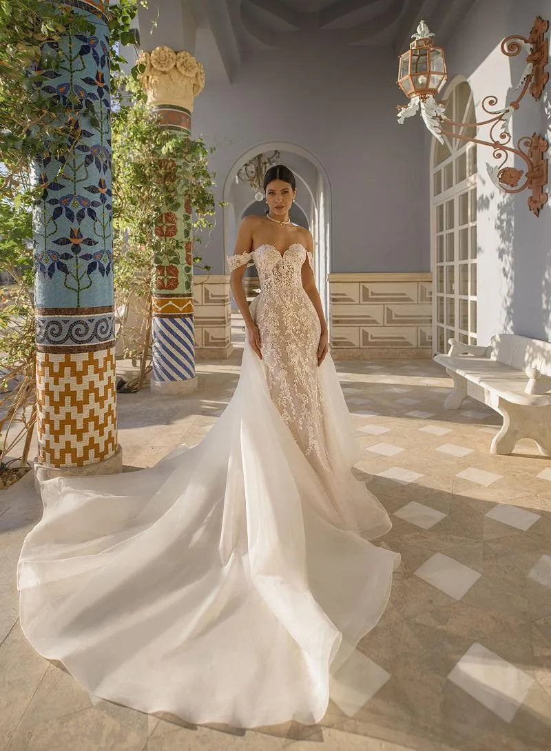 Challoner Elegant Mermaid Wedding Dresses Sweetheart Off The Shoulder Appliques Lace Up Bridal Gowns Detachable Train Vestidos