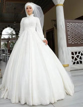 Floral Lace High Neck Hijab Wedding Dress Long Sleeves Embroidery Beaded White Wedding Gown Muslim Bride Dresses Robe De Mariage