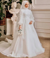 Arabic Dubai Vestido De Noiva Casamento A-Line Muslim Hijab Wedding Gown Full Sleeve Islamic Lace Bridal Dress for Bride