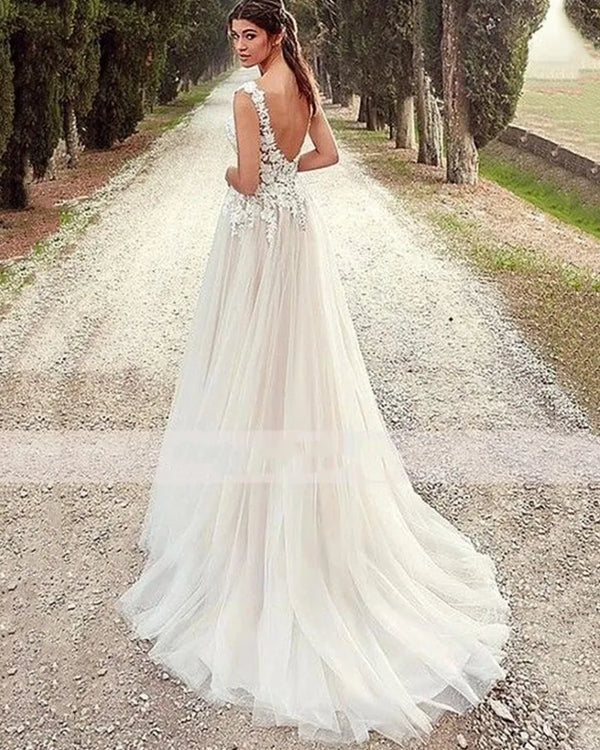Sexy Elegant V-Neck Wedding Dress A-Line with Lace Appliques Backless Cap Sleeve Brush Train Bride Gown Simple Vestidos de novia