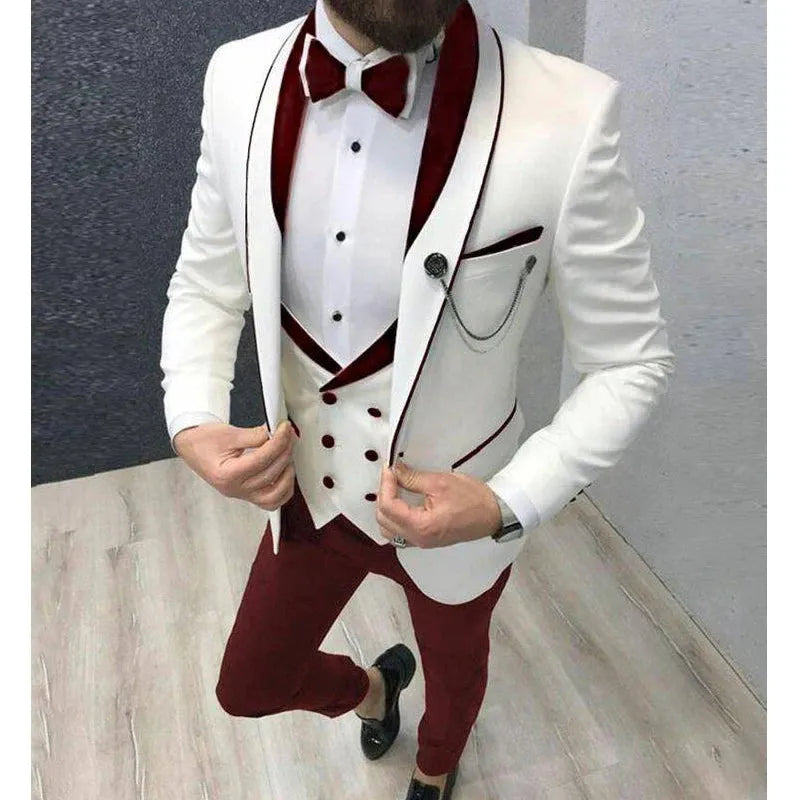 Slim Fit Casual Men Suits 3 Piece Groom Tuxedo for Wedding Prom Burgundy and White Male Fashion Costume Jacket Waistcoat Pants