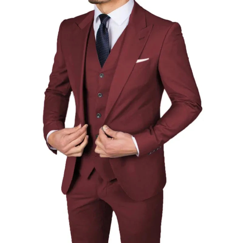 Slim Fit Casual Men Suits with Peaked Lapel Wedding Tuxedos for Groomsmen 3 Pieces Male Fashion Jacket Vest Pants Latest Style