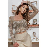 Women Autumn Sexy Diamonds Beading Mesh Crystal Long Sleeve Two Pieces Rayon Bandage Sets Ladies White Designer High Street Sets