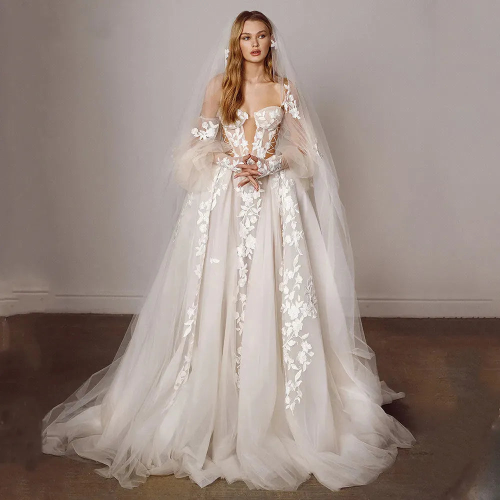 Ramanda Off Shoulder Puffy Sleeves Tulle Princess Wedding Dress Illusion Sweetheart A-Line Lace Appliques Backless Bridal Gown White