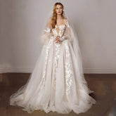 Ramanda Off Shoulder Puffy Sleeves Tulle Princess Wedding Dress Illusion Sweetheart A-Line Lace Appliques Backless Bridal Gown White