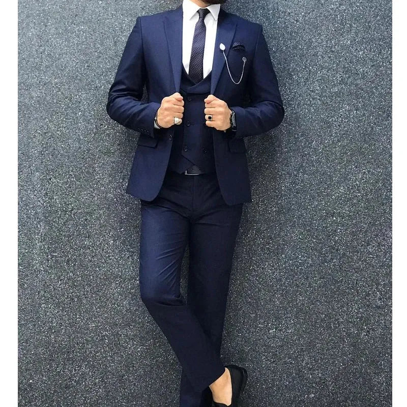 Slim Fit Formal Men Suits with Double Breasted Waistcoat Navy Blue Male Fashion Jacket Pants 3 Piece Wedding Tuxedo for Groom