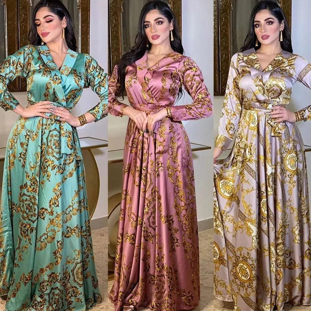 Fashion Party Muslim Woman Dress Casual Printing Sashes V-Neck Full Sleeve Chic Ethnic Abaya Female Dubai Long Clothing
