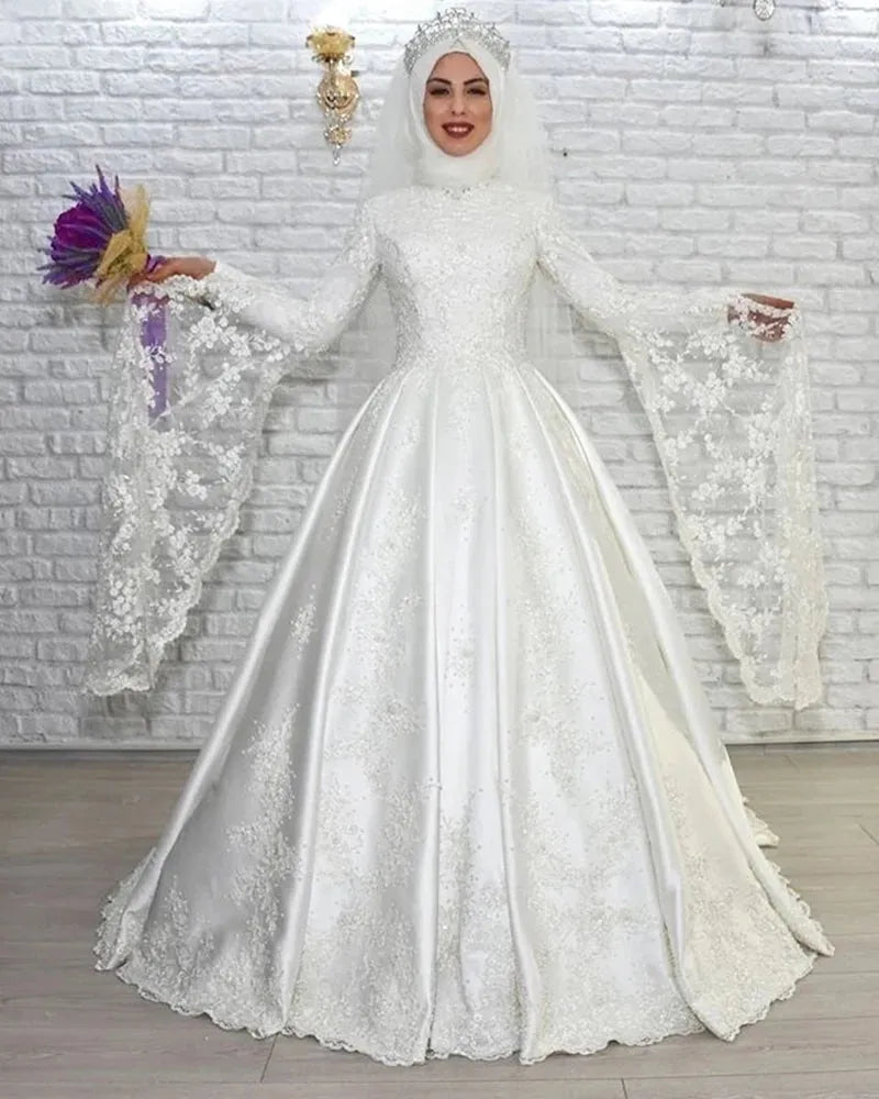 Luxury Muslim A Line Wedding Dress High Neck Long Flare Sleeves Lace Satin Bride Dresses Arabic Islamic Vestido De Noiva WHITE
