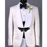 White Floral Pattern Men Suits with Black Pants Slim Fit Wedding Groom Tuxedo for Dinner Party Custom 3 Piece Blazer Vest 2021 Same as Image