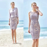 Mother of the Bride Dresses with Jacket Long Sleeves Lace Beading Evening Gowns Custom Made Knee-Length Wedding Guest Dress Silver