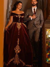 Caftan Karakou Algerien Formal Evening Dresses Off The Shoulder Velvet Gold Lace Peplum Occasion Evening Gown Burgundy