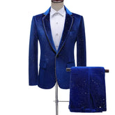 Royal Blue Velvet Tuxedo Suit Male Wedding Groom Dress Suits Pants Mens One Button Peak Lapel Dinner Party Costume Traje Hombre