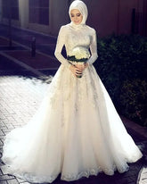 White Muslim Arabic Wedding Gown Long Sleeve Lace Appliques A Line Tulle Vestidos De Noiva Ivory Hijab Bridal Bride Dress