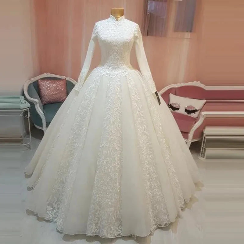 Arabic Bridal Gown Islamic Muslim Wedding Dress Arab Ball Gown Lace Hijab Long Sleeve Princess Wedding Dress WHITE 4