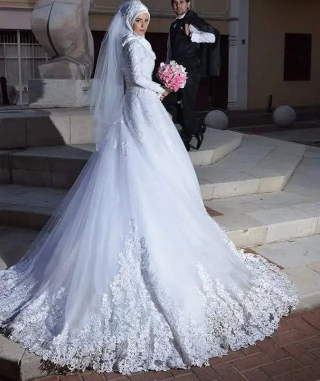 Long Sleeve hijab Muslim Wedding Dress Lace Appliques Elegant Arabic Wedding Gowns Back Lace Up Vestidos De Noiva WHITE