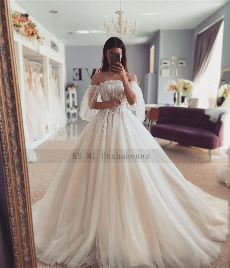 Fairy Boho Wedding Dresses Puff Sleeve Princess Vintage Bride Dress Lace Wedding Gowns Corset Back Strapless Robe de Mariee